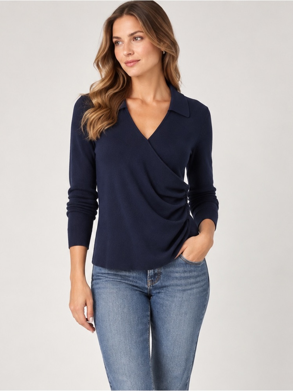 41 Hawthorn Navy faux Wrap Collared V-Neck Sweater, Size S , NWT